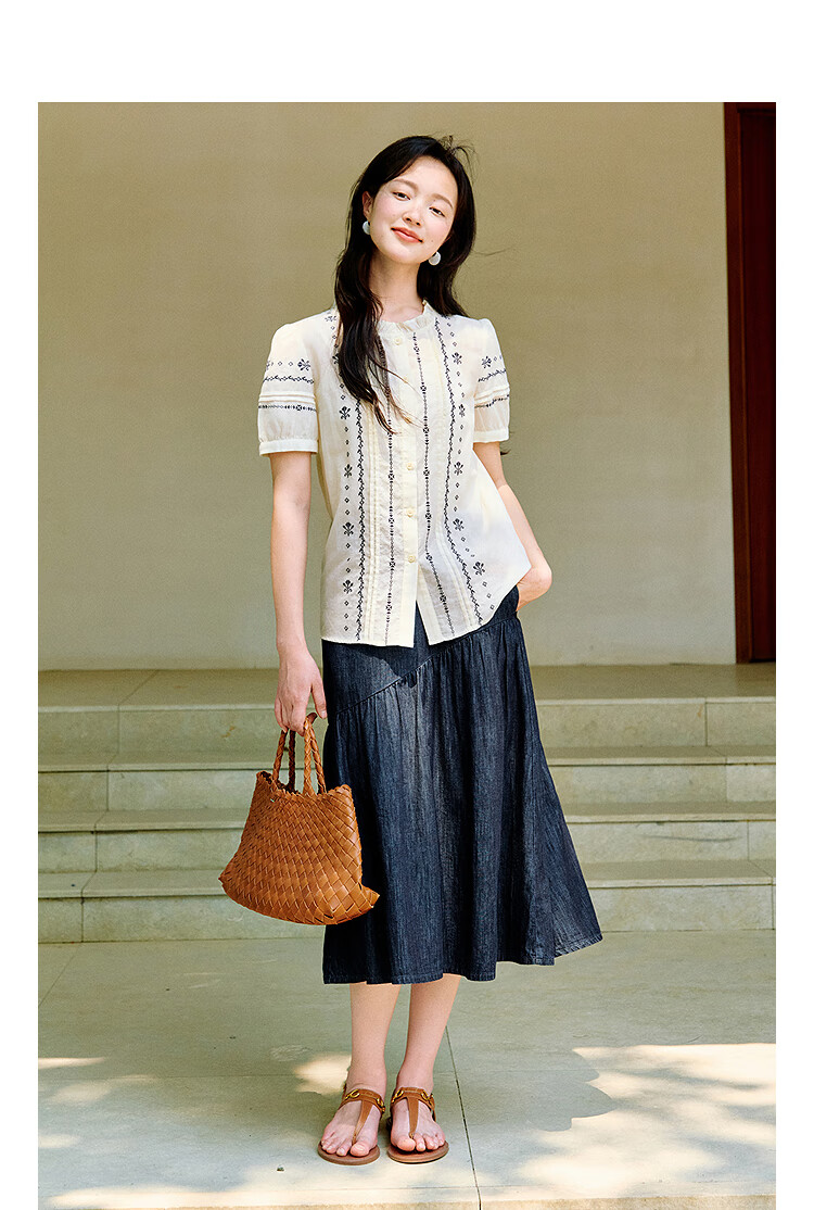 Inman French Style 100% Cotton Embroidered Shirt Summer Women's Casual Vacation Short Sleeve Blouse Beige M 3