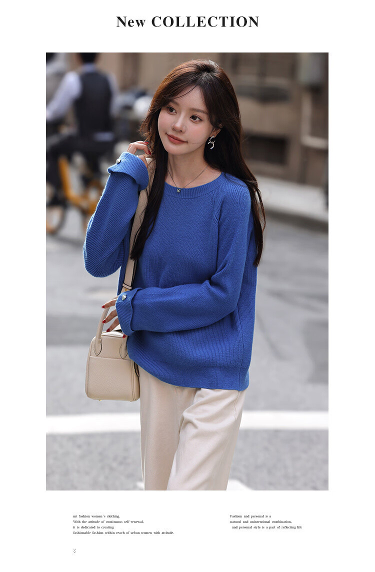 MT Klein Blue Series Spring Simple Style Crew Neck Rolled Sleeve Lazy Comfortable Knit Sweater for Women 1