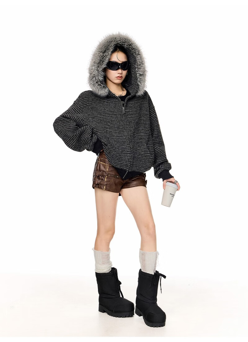 ICH MODE Women's American Style Hooded Striped Jacket with Fur Collar Autumn Winter New Zip-up Sweatshirt Cardigan Black M 5