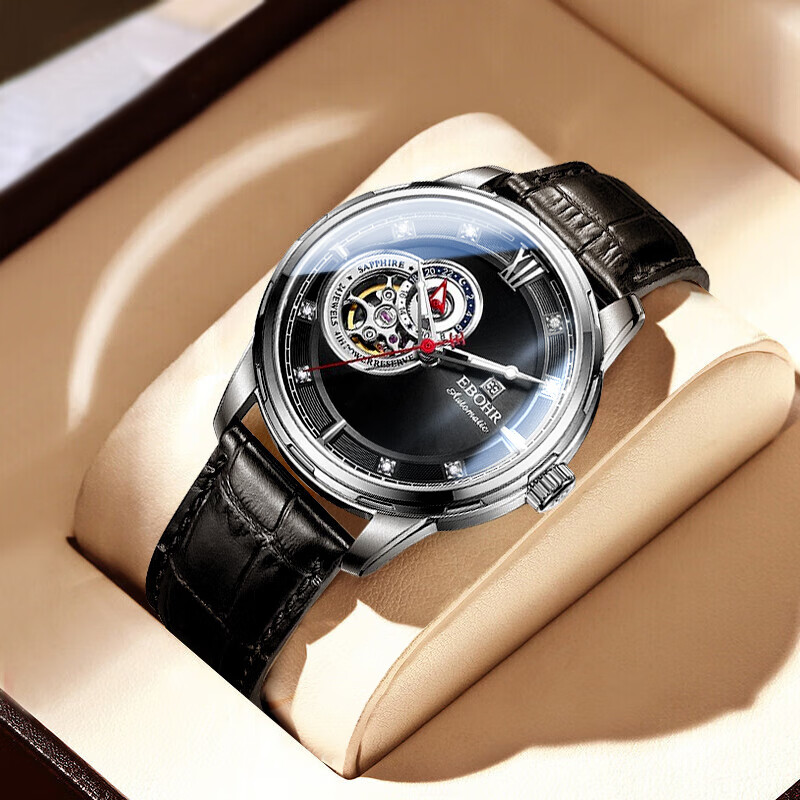 EBOHR Men's Skeleton Automatic Mechanical Watch Stainless Steel Band Authentic National Brand 24-Hour Dial New Year Gift