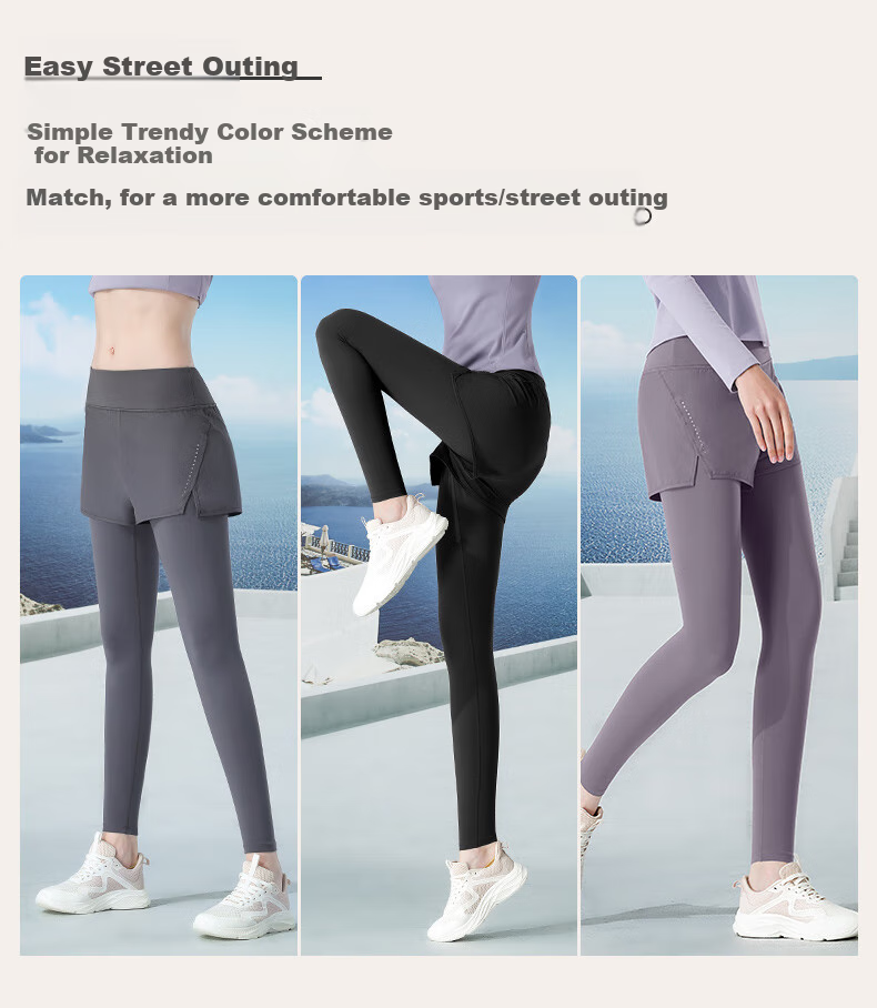 CAMEL Elastic Faux Two-Piece Fitness Pants for Women, High-Waisted Tight Running Trousers, Y23BA4L0029C, Misty Gray, XL 10
