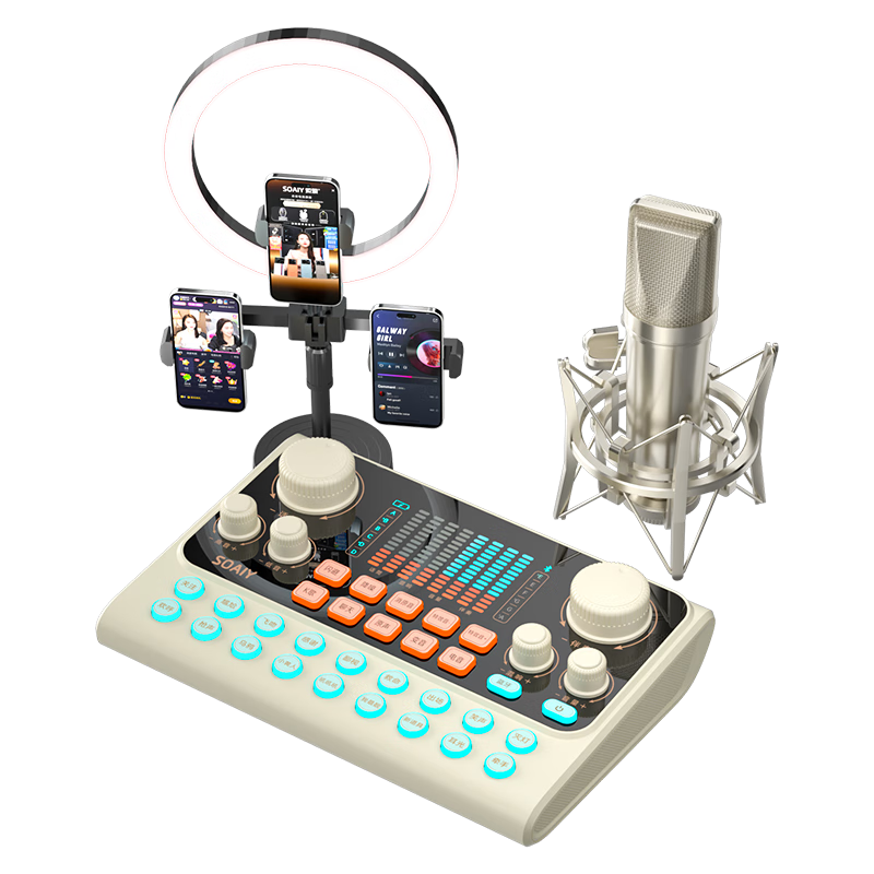 Soaiy Live Streaming Equipment Full Set Mobile Sound Card Singing Dedicated TikTok Influencer Outdoor KTV Recording Microphone Stand Professional External S6+SC9+Light
