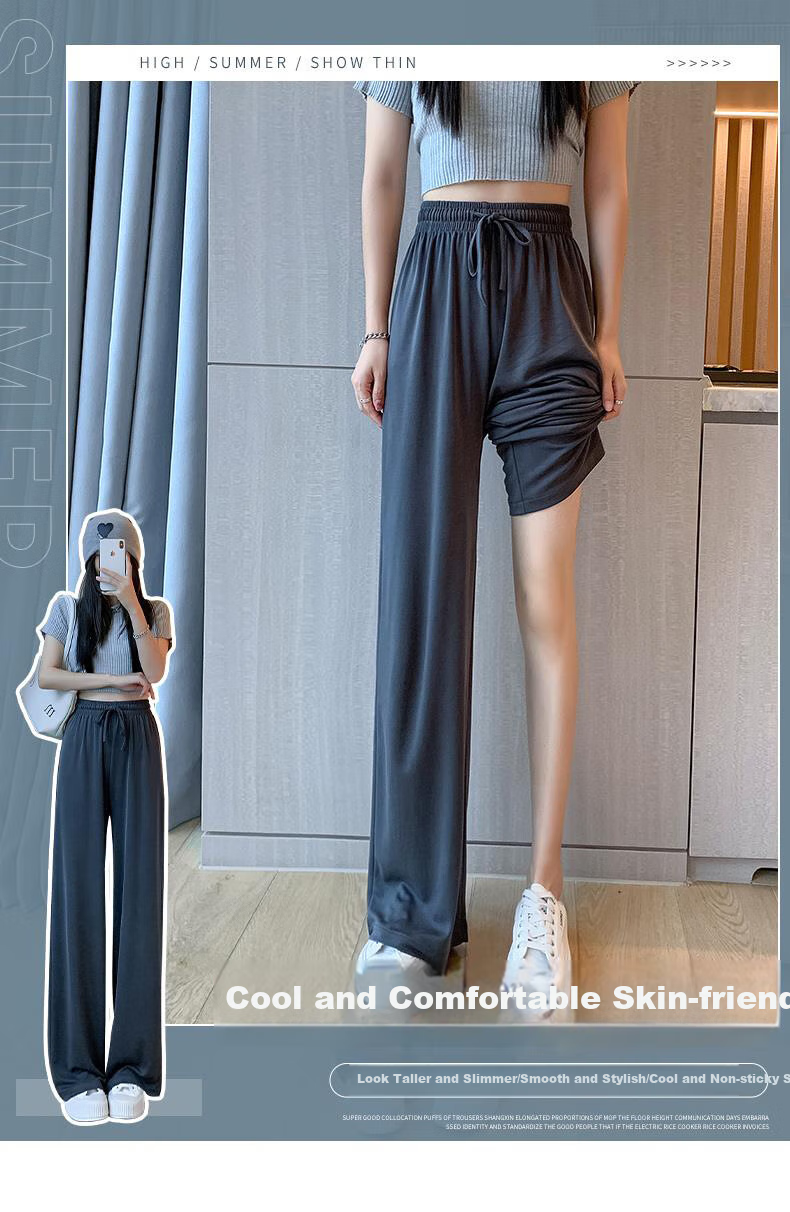 LangSha Women's Leggings, Summer Thin Ice Silk High-Waist Loose-Fitting Draping Floor-Length Slimming Straight-Leg Pants for Commuting 1