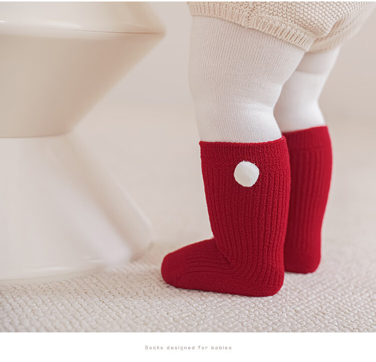 Five Cotton Flowers Children's Socks Red Socks for Birth Year Autumn Winter Baby Socks Fleece Thickened New Year Seamless Mid-Calf Baby Socks 14