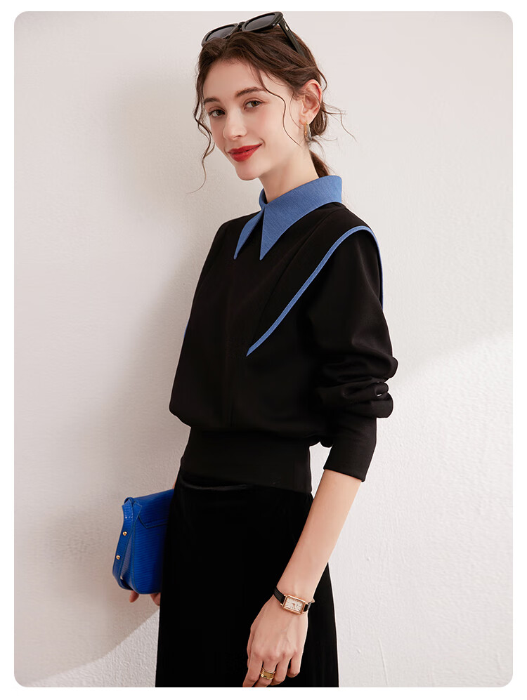 Bailuyu Colorblock Spliced Fake Two-Piece Pullover Sweatshirt Autumn New Fashion Small Flying Sleeve Patch Top Women Black L 6