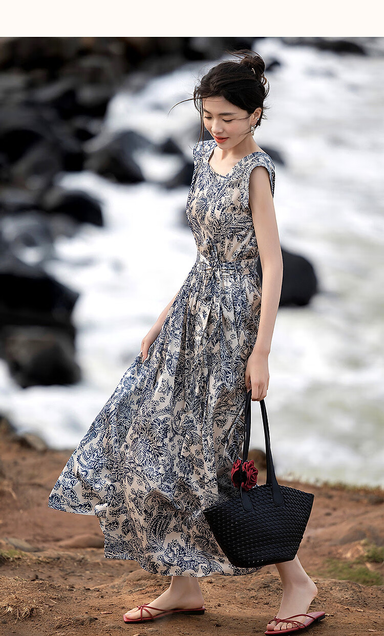 Demana [Dream Among Flowers] Summer National Style New Chinese Square Neck Tie Sleeve Waist Printed Elegant Women's Dress 14