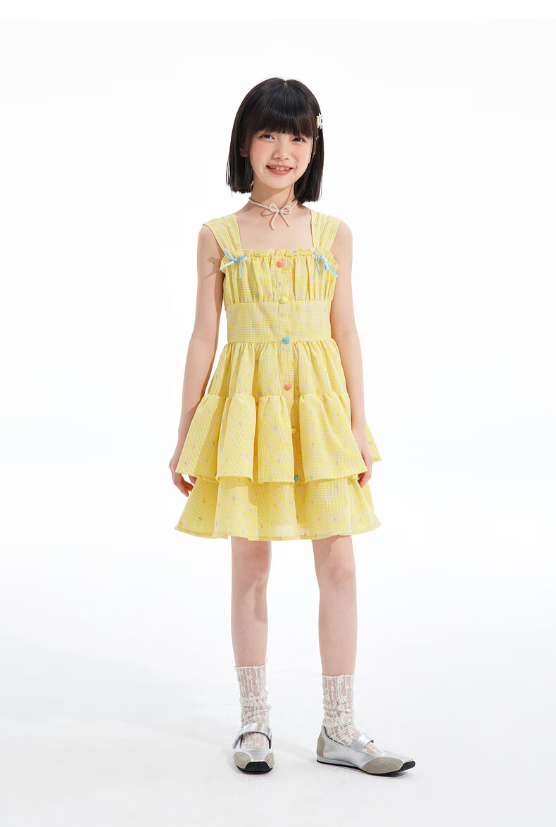 Zhimu Girls' Dress, for Older Children, Sweet Spaghetti Strap Princess Dress, Children's Dress, Cream Yellow, Size 160 10