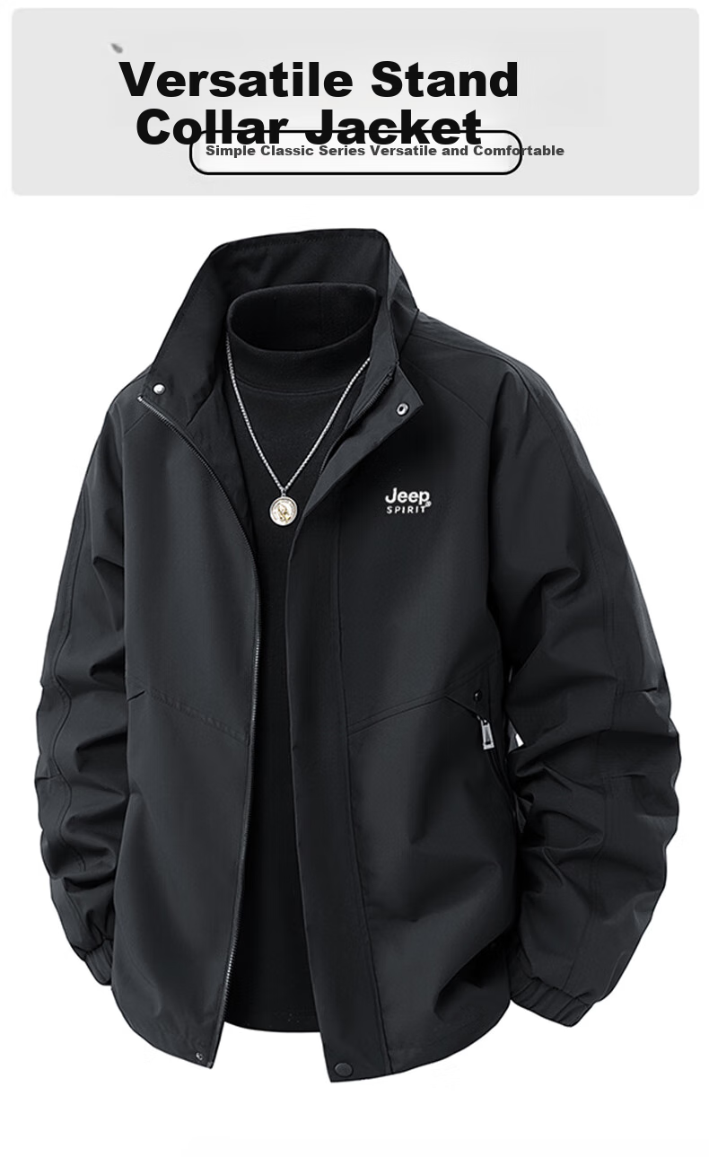 JEEP SPIRIT Men's Jacket, Spring And Autumn Outerwear, Casual Stand-Collar Top, Men's Clothing, Black, 2XL 2