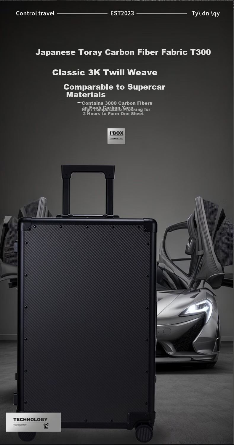 LUCKY CLUB Carbon Fiber Suitcase, High-End Travel Case, Carry-On Luggage, Trolley Case with Password Lock, Fingerprint Model in Classic Black, 26 Inches 2