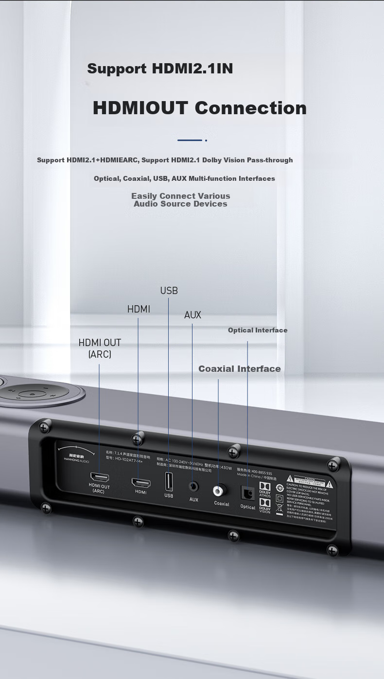 HANHONG_AUDIO 102AT7 TV Soundbar, Home Theater, Dolby Atmos 7.1.4, Sky Channel, Bluetooth Speaker, Rear Surround, High-Power Subwoofer, Home Indoor Audio System 9