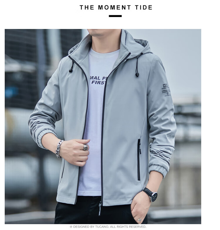 TUCANO Men's Jacket Spring Autumn Detachable Hood Outdoor Versatile Printed Sports Comfortable Top Light Gray 5XL 20