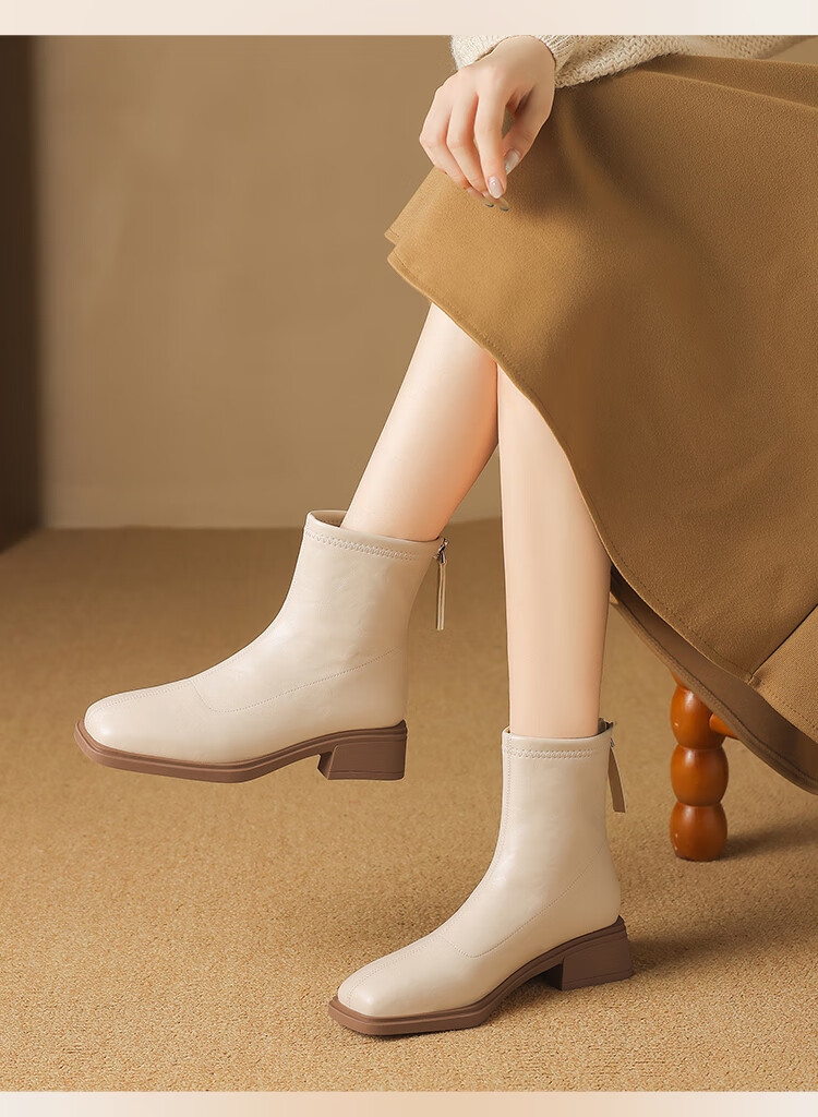 ZHR Women's Square Toe Short Boots 2025 Winter New Plush Stylish Ankle Boots Slim Fit BL663A Brown Size 37 14