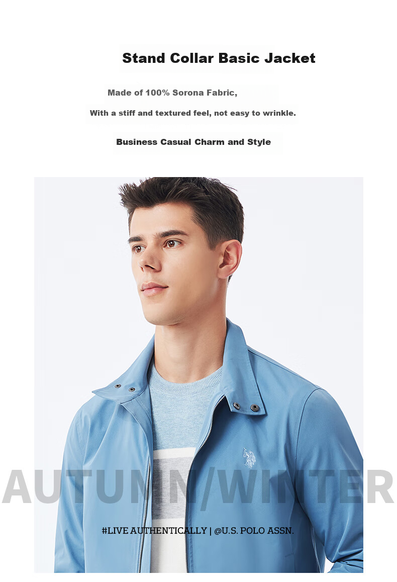 U.S. POLO ASSN. Mall-Matching Jacket for Men, Business Casual Stand-Collar Coat, Middle-Aged Men's Outerwear, Blue, 3XL 4