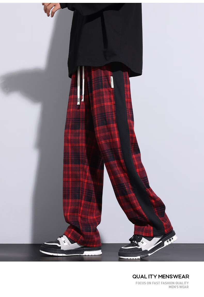 IZEXX Men's Plaid Pants, Summer American Straight Wide-Leg Loose Versatile Casual Pants, Sporty Retro Style ZL27 Gray L 11