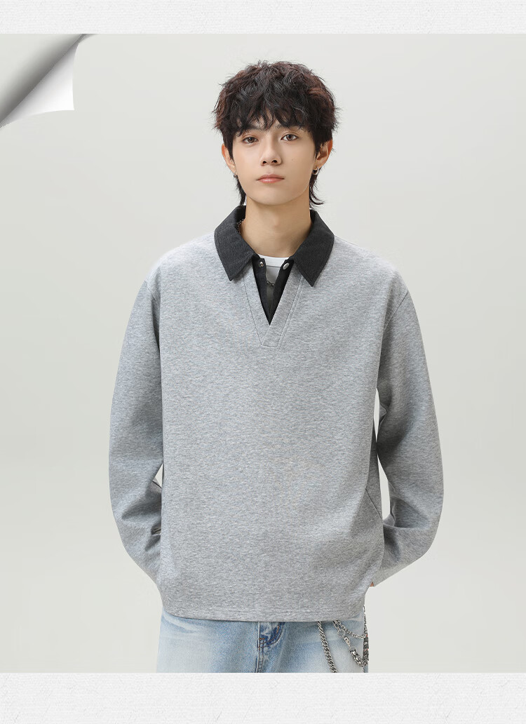 Homlean American Style Two-Piece Collar Sweatshirt Men Autumn Winter Trendy Loose Casual Polo Shirt HX13 Black XL 2