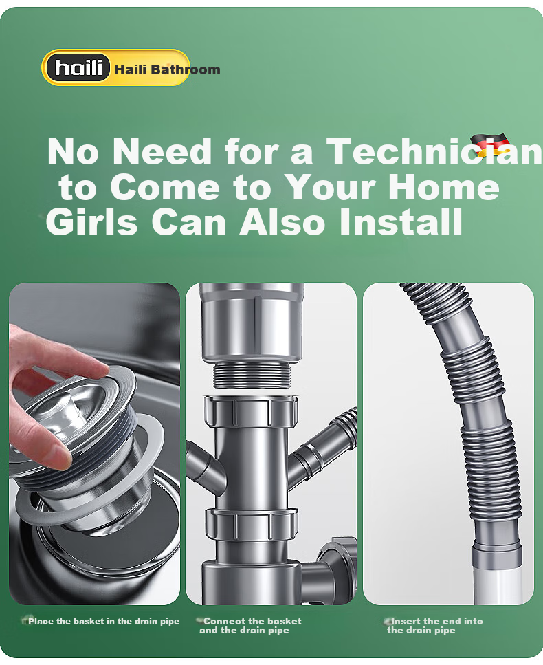 Haili Kitchen Sink Drain Pipe Set, Double Sink 110mm Drainage System, Dishwashing Basin Drainage Pipes, Water Seal, Odor Prevention S16 4