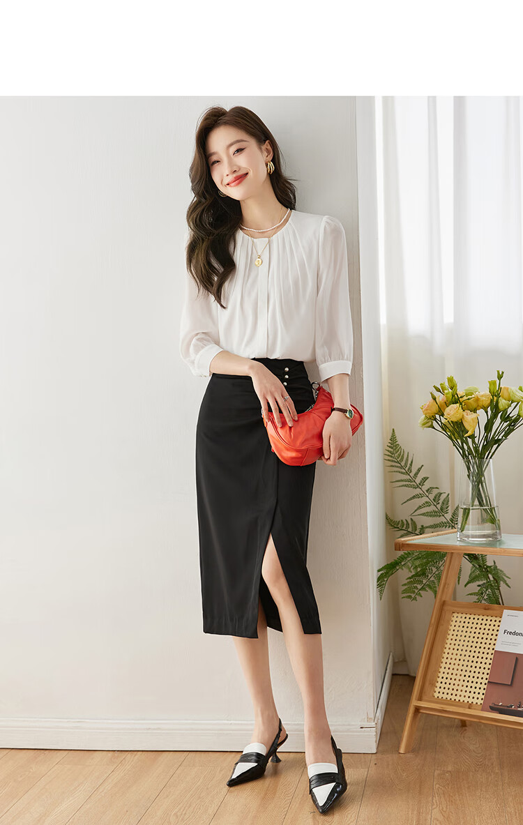 Sentubila Fashionable Round Neck Three-Quarter Sleeve Chiffon Blouse for Women, Autumn Elegant Youthful Style Office Wear Top, White, Size S 7