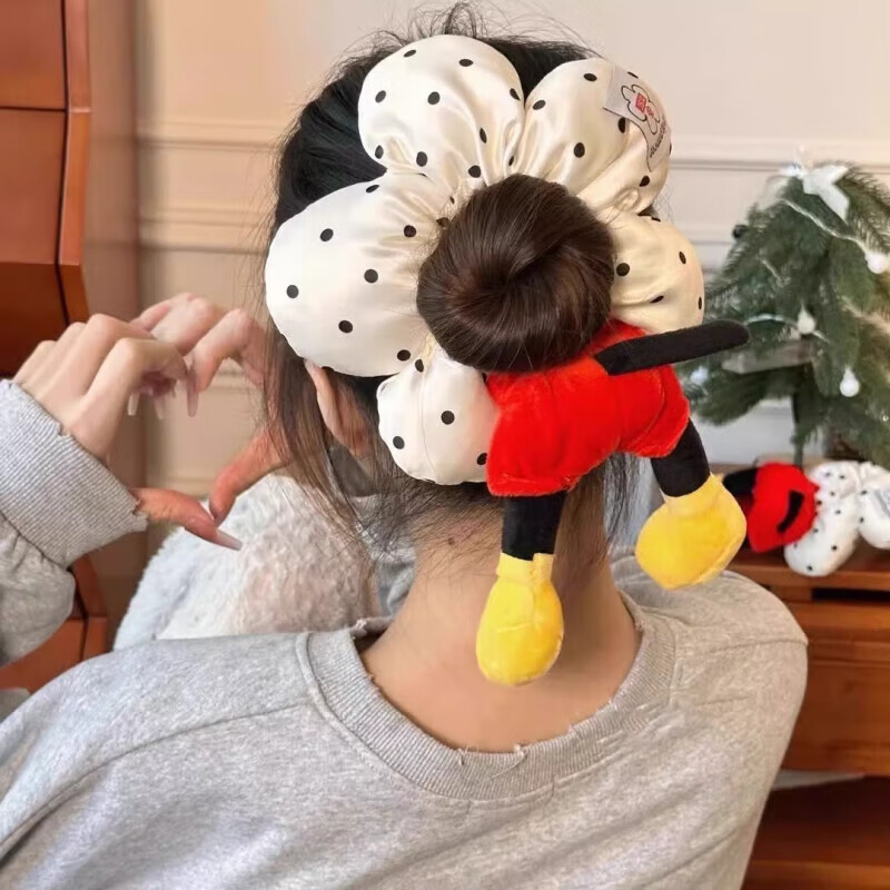 BQI Mickey Mouse Flower Polka Dot Butt Hair Tie, Cute Plush Bun Maker, Princess Disaster Ponytail Holder, Hair Accessory