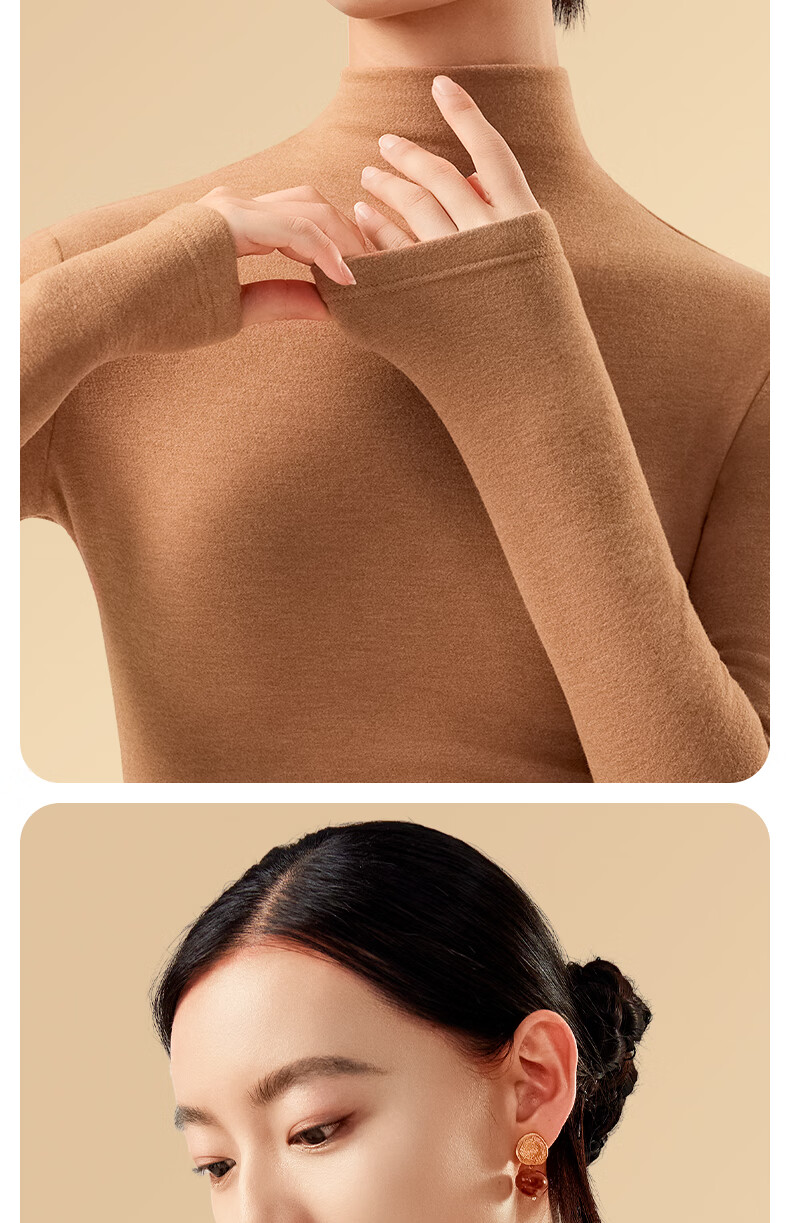 Jianyun [Three Seasons Warm] Wool and Silk Blend Half Turtleneck Thermal Underwear for Women, German Velvet Heating Autumn Top, Fleece-Lined Base Shirt 5