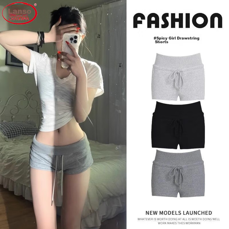 LangSha Women's Sports Shorts, 2025 New American-Style Slimming Three-Quarter Casual Pants, Versatile Drawstring High-Waist A-Line Hot Pants for Trendy Girls