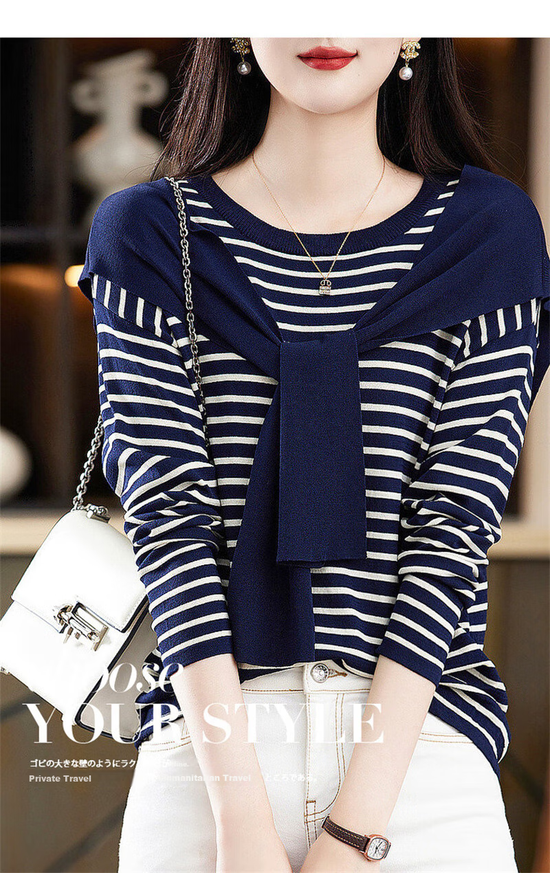 Dme [French Knit Sweater] Spring And Autumn Round Neck Double Curved Striped Contrasting Color Women's Knit Sweater, Off-White, XL 1
