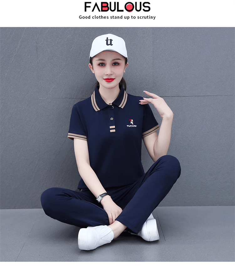 Woodpecker Pure Cotton Casual Sports Polo Set for Women Summer Fashion Youthful Middle-aged Mom Two-piece Set Royal Blue L 15
