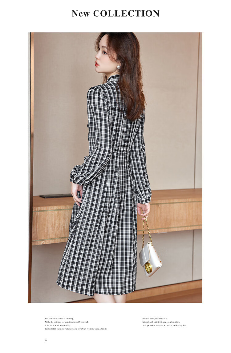MT Black and White Checkered Bow Autumn Slim Fit Non-Stretch A-Line Long Sleeve Plaid Dress for Women 7