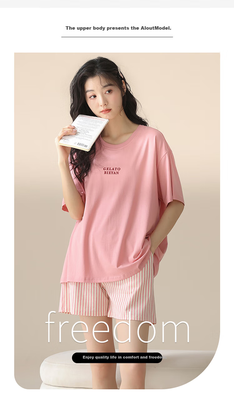 Baobaomian Women's Pajamas, Spring And Summer Short-Sleeve Shorts Set, Cute Thin Loungewear, Suitable for Outdoor Wear, Pink And White, 2XL 4