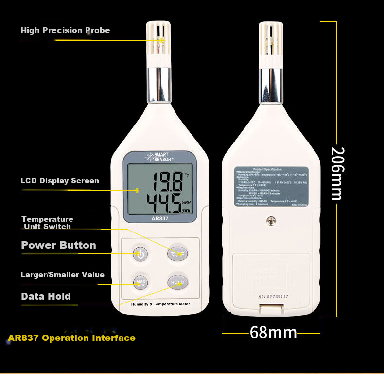 Xima High-Precision Digital Air Temperature And Humidity Meter, Industrial Handheld Integrated Temperature And Humidity Detector AR807A+ 10