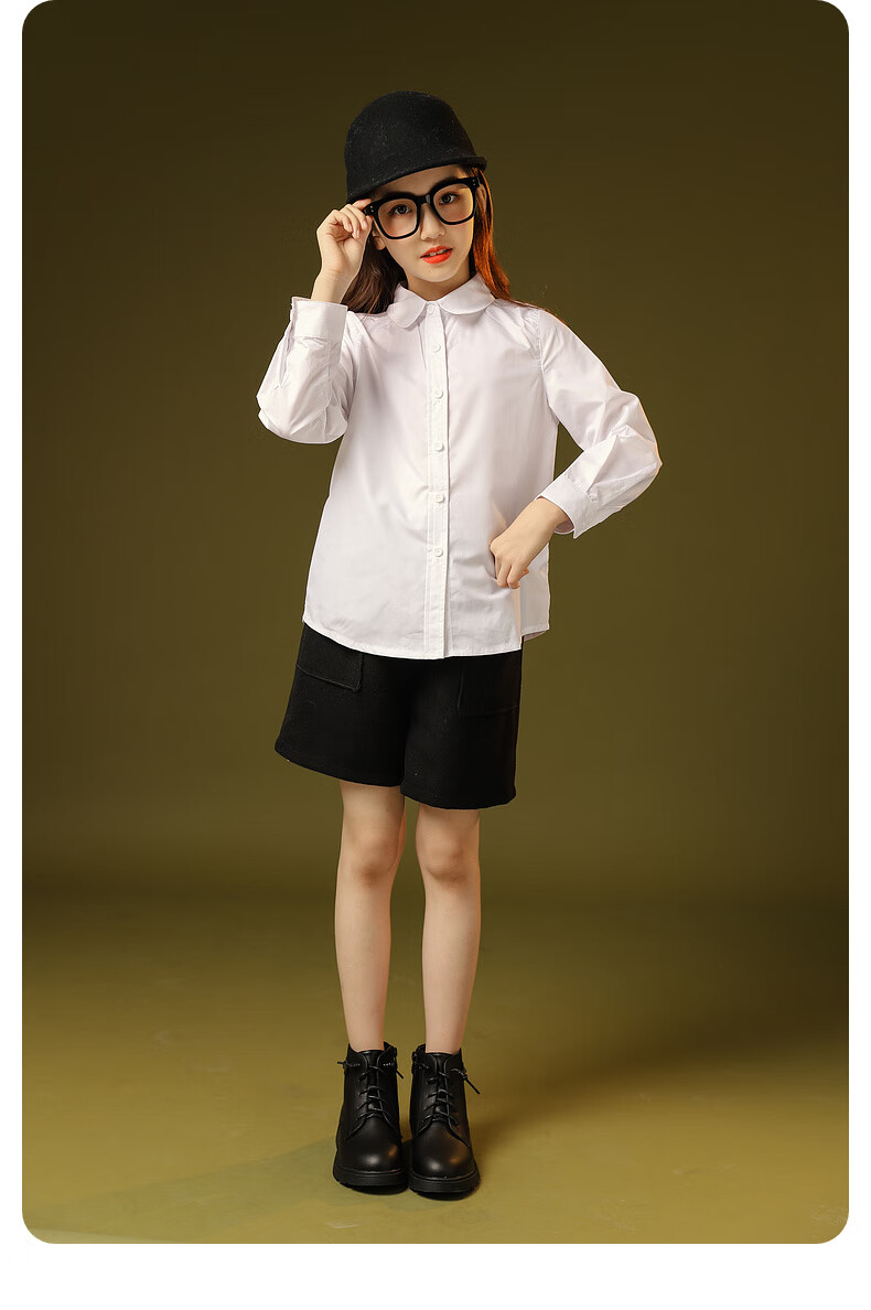 Fulomi Girls' Shirt Spring Autumn Fashion Versatile White Top School Performance Long Sleeve Shirt Large White 140 10