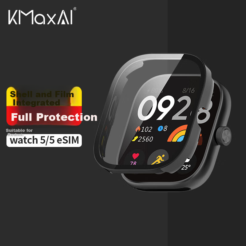 KMaxAI Protective Film + Case for Xiaomi Redmi Watch 5, All-In Full Coverage, Xiaomi Redmi Watch Dial Protector & Screen Film, Anti-Scratch Hard Case, Anti-Fingerprint Tempered Glass Film, Black
