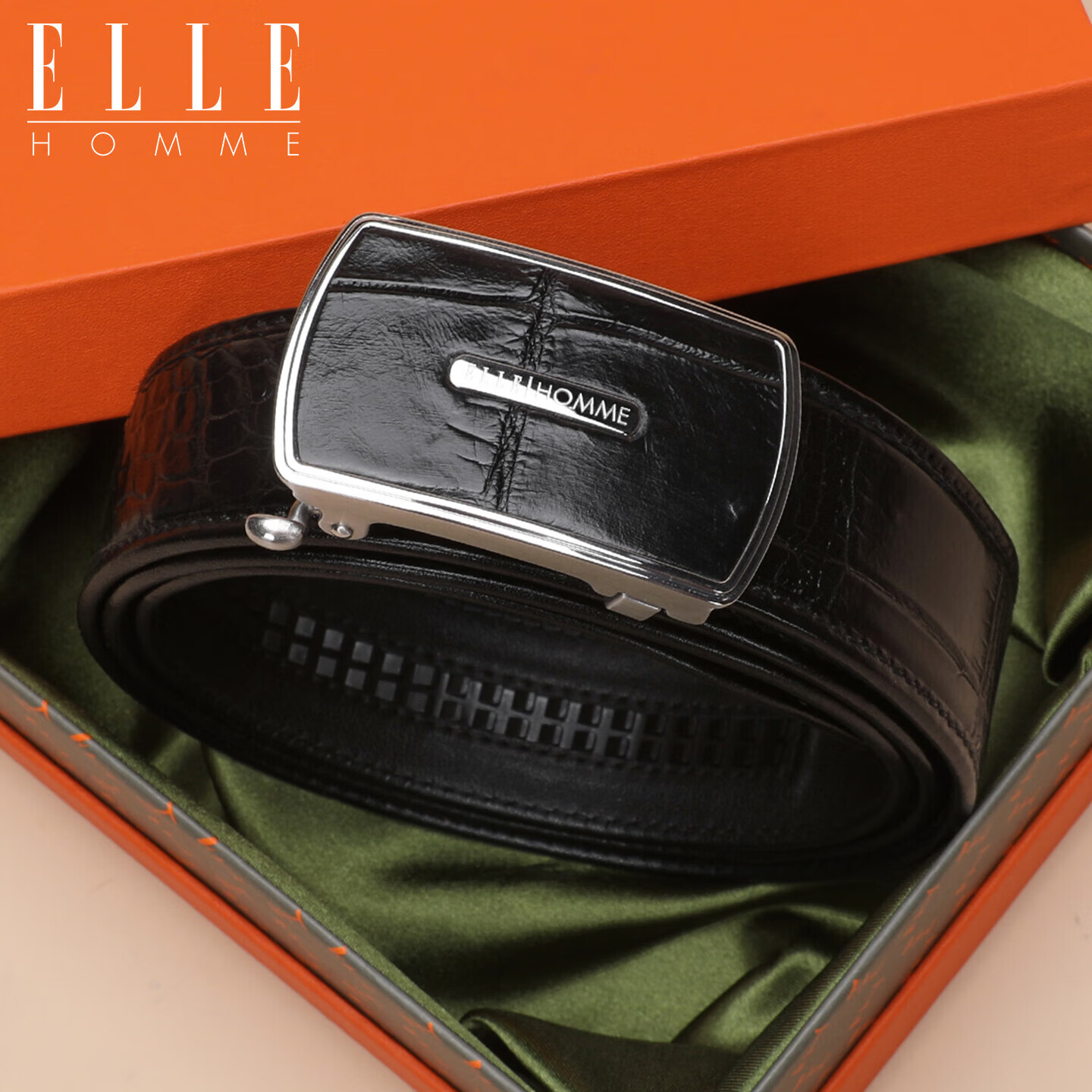 ELLE HOMME Men's Belt, Top-Grain Alligator Leather Automatic Buckle Waistband, Stainless Steel Buckle Trouser Belt 1735 Black Birthday Gift for Me