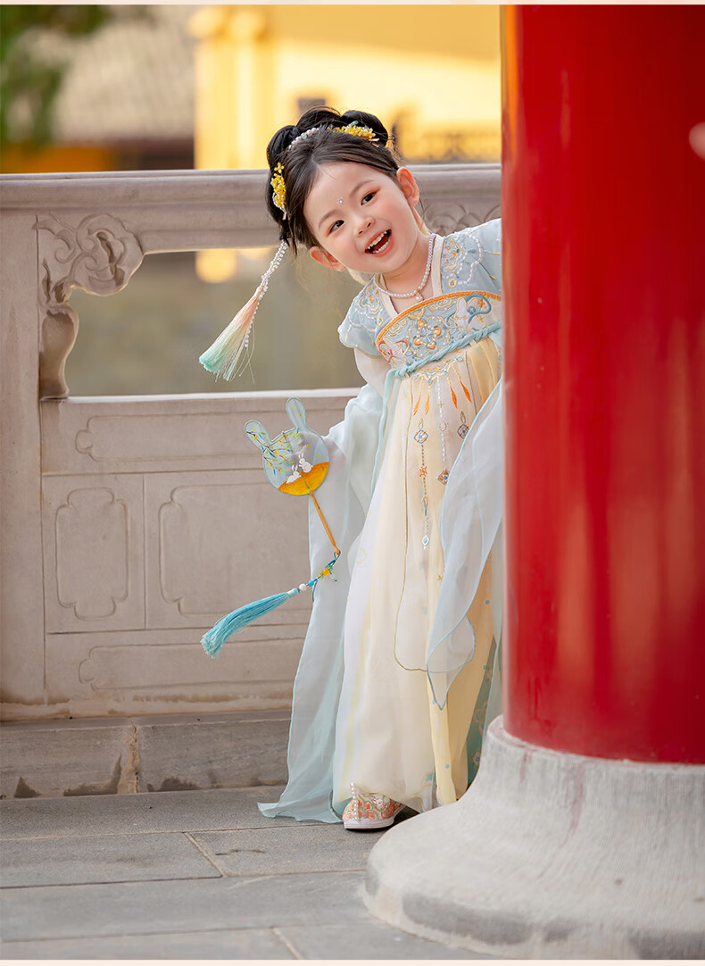 Menghulonglongyue Hanfu Girls' Spring and Autumn Dress New Children's Princess Ru Skirt National Style Dress Yellow Blue 120 13