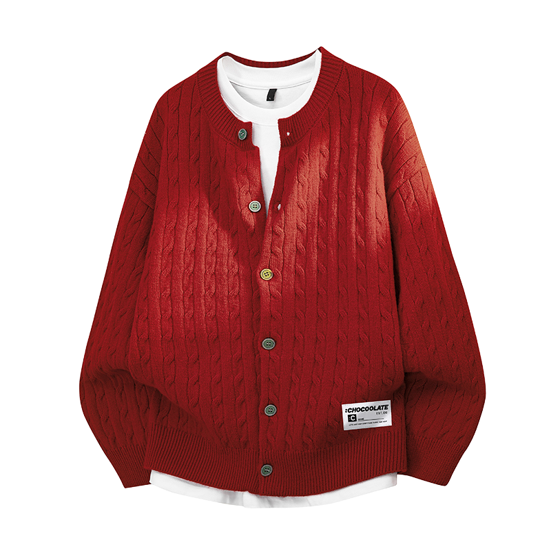 :CHOCOOLATE IT Twisted Pattern Cardigan Knit Sweater Men Autumn Winter New Trendy Warm Casual Jacket China Red L