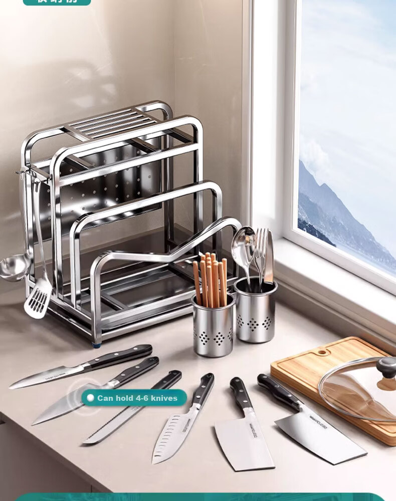 Jingyan 304 Stainless Steel Knife Holder Storage Rack, Kitchen Knife And Cutting Board Organizer, Multifunctional Utensil Chopping Board Storage Shelf, Pot Lid Rack 5