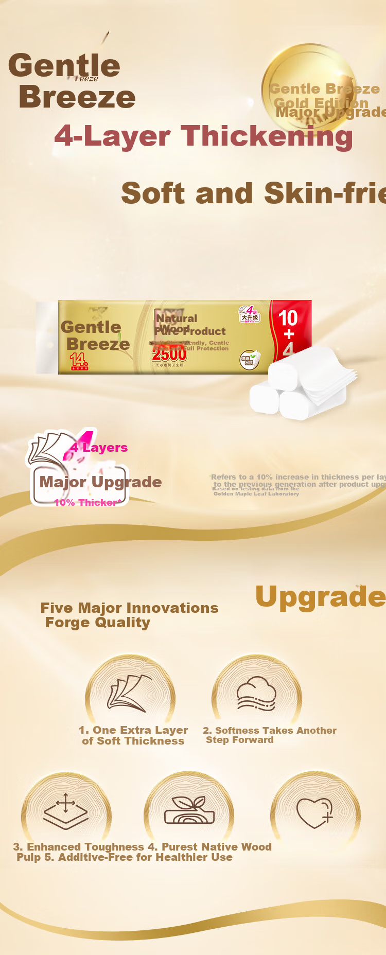 APP Coreless Toilet Paper, Natural Wood Gold Edition, 4-Ply, 178g*14 Rolls, Bathroom Tissue Roll Paper, L Size Toilet Paper, Single Pack 1