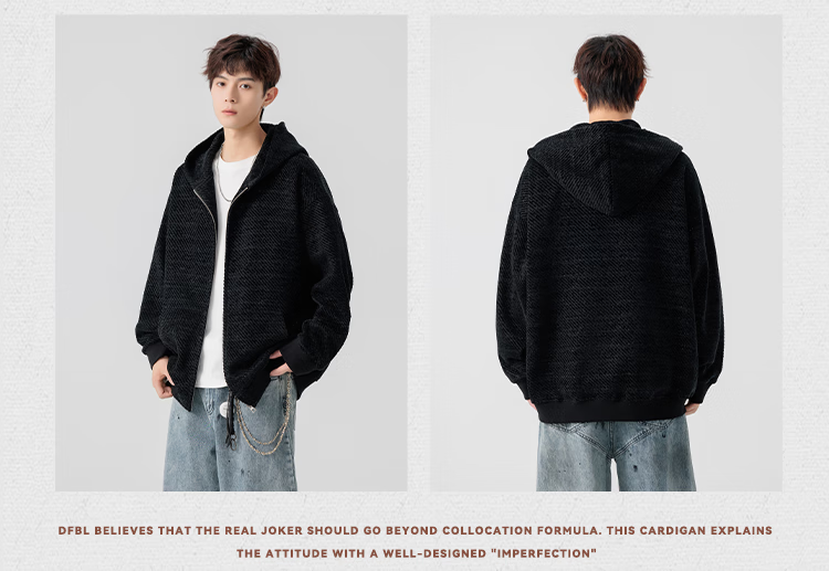 Dingfengbaoluo Hooded Jacket Autumn Loose Casual Striped Sweatshirt Coat JUC01 Black L 6