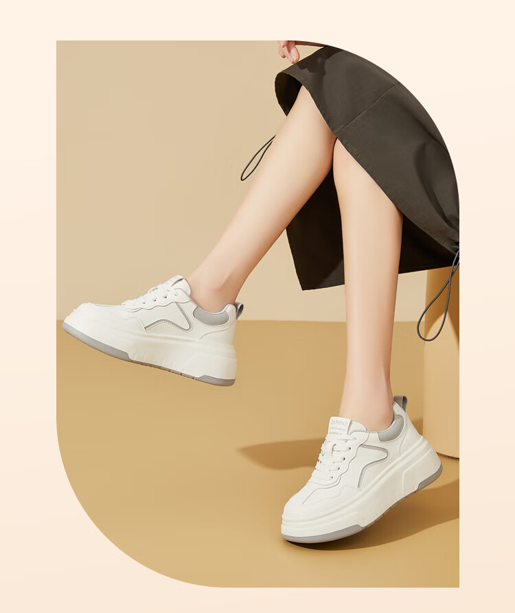 DAPHNE Genuine Leather Thick-Soled White Sneakers for Women, 2025 Spring New Versatile Height-Increasing Casual Sports Shoes, Gray 10