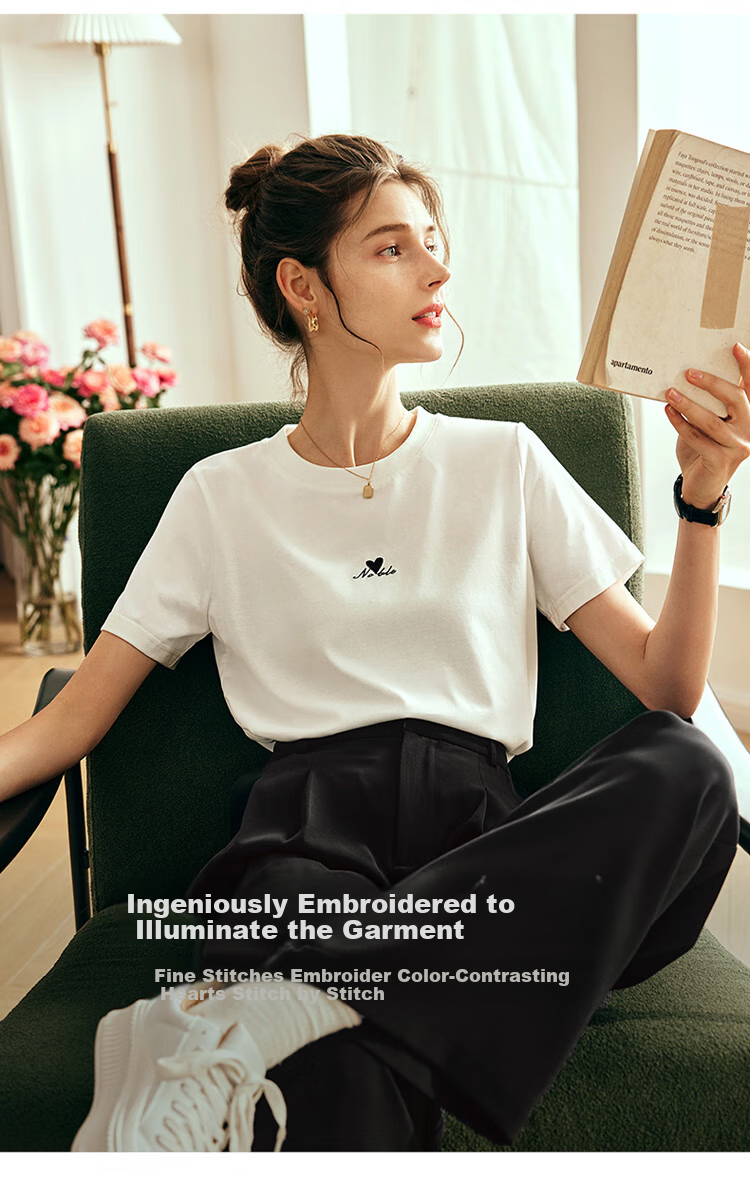 Olrain French White Short-Sleeve T-Shirt for Women, Summer New Simple Regular Shoulder Slimming Top, Off-White, S 2