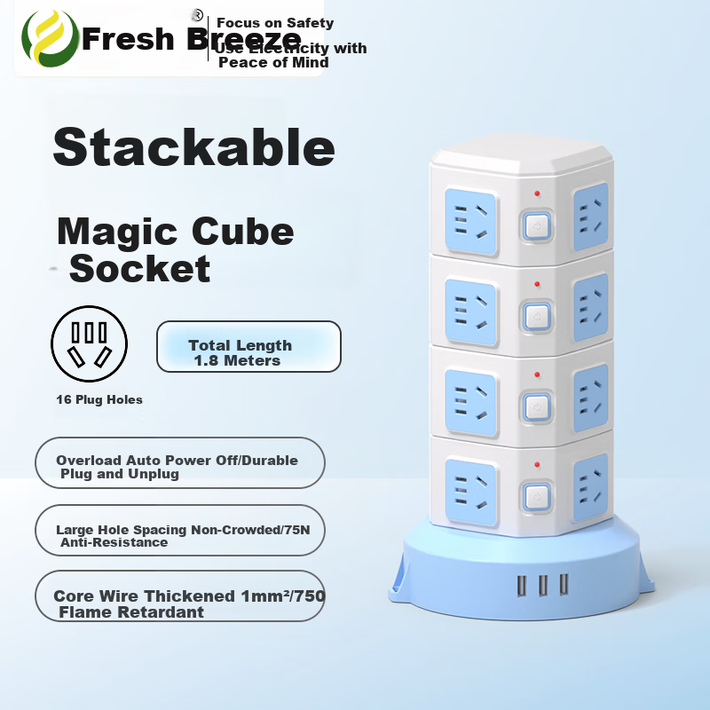 Kyfen Vertical Cube Power Strip, Overload Protection, 16 Outlets with Five Holes, 3 USB Ports, 1.8 Meters Long, Overload-Resistant, Flame-Retardant, Space-Saving Desig