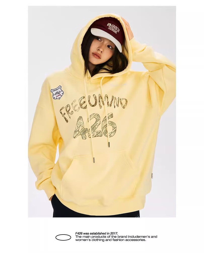 F426 [Zhao Lusi Style] National Trend Brand Autumn Couple's American Loose Graffiti Hoodie Yellow L 8