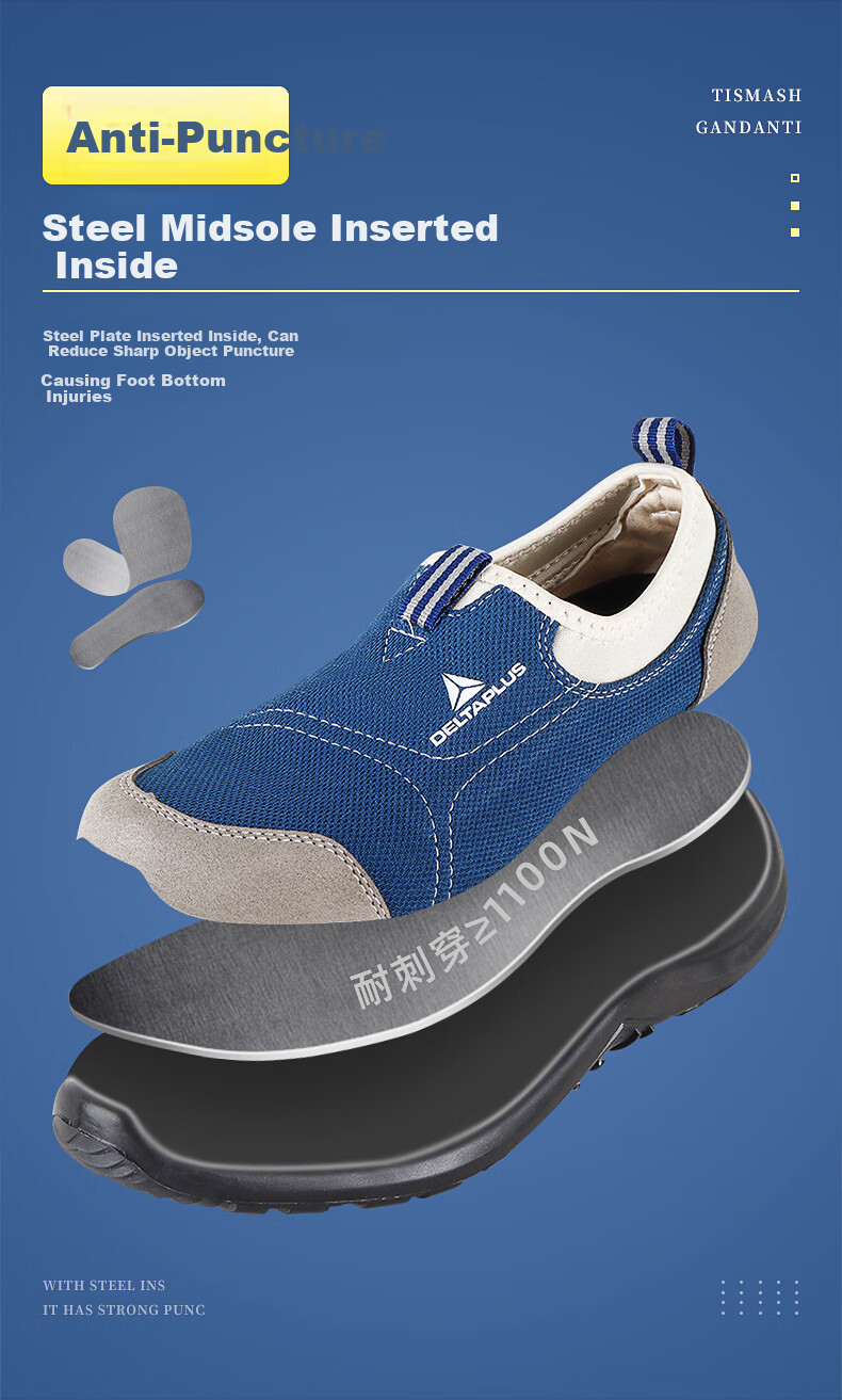 DELTA PLUS Safety Shoes for Men, Summer Breathable Anti-Odor Anti-Static Puncture-Resistant Steel Toe Non-Slip Wear-Resistant 301216 Size 44 8