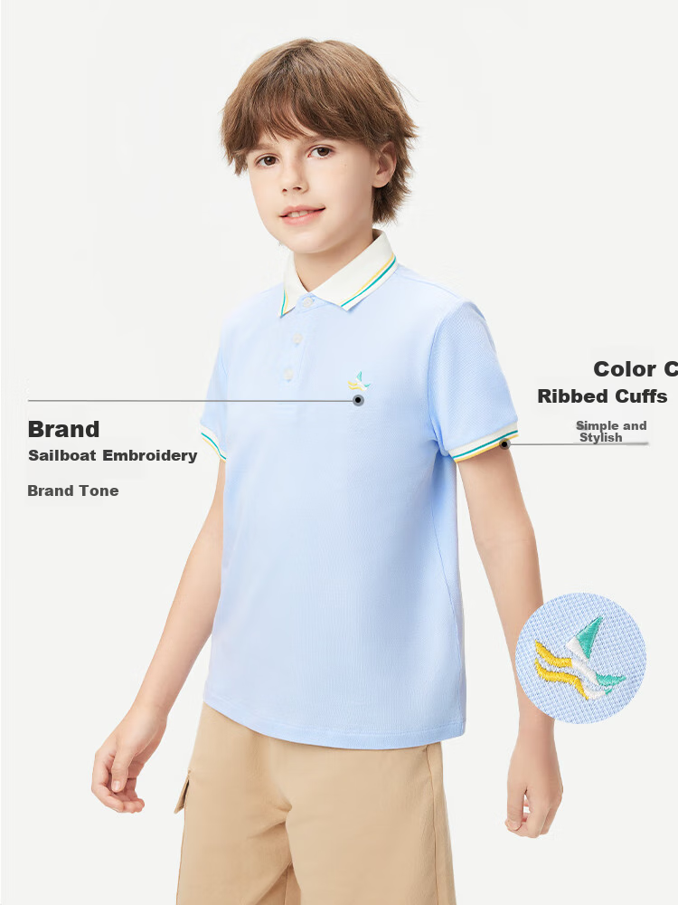 Navigare Boys' Polo Shirt, Children's Short-Sleeve T-Shirt, Student Sports Shirt, Antibacterial Breathable Summer Fresh Color-Block Top, Navy Blue, Size 150 3