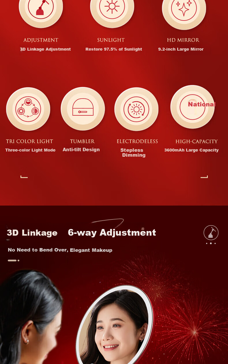 GEVILAN 3D Linkage Makeup Mirror with LED Light, Smart Illumination Beauty Mirror, Desktop Dressing Table High-Definition Lighting Mirror, Gift for Girlfriend, Wife, Best Friend, Birthday Wedding Present M2 Red 2