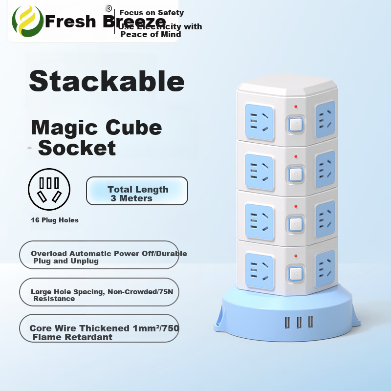 Kyfen Vertical Cube Power Strip for Home And Dormitory Use, 16 Outlets with Five Holes, Overload Protection, 3 USB Ports, 3 Meters Long, 750°C Flame Retardant, Overload Protection, Cubic Desig