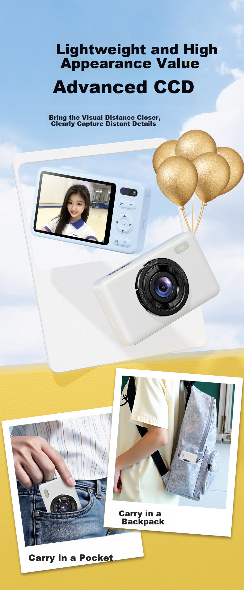 FAMUE Student CCD Camera with Front And Rear Dual Digital Cameras, Campus Retro Mini Alternative, High-Definition Vlog Camera Card That Can Transfer to Phone, Gift for Girlfriend, 32GB 3