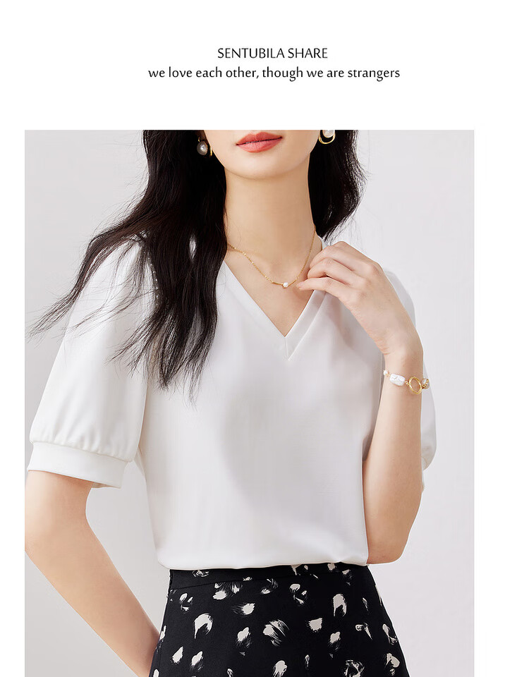 Sentubila Summer Short-Sleeve T-Shirt for Women, Romantic Lace Trim Puff Sleeves V-Neck Slimming Women's Top, Black, S 14