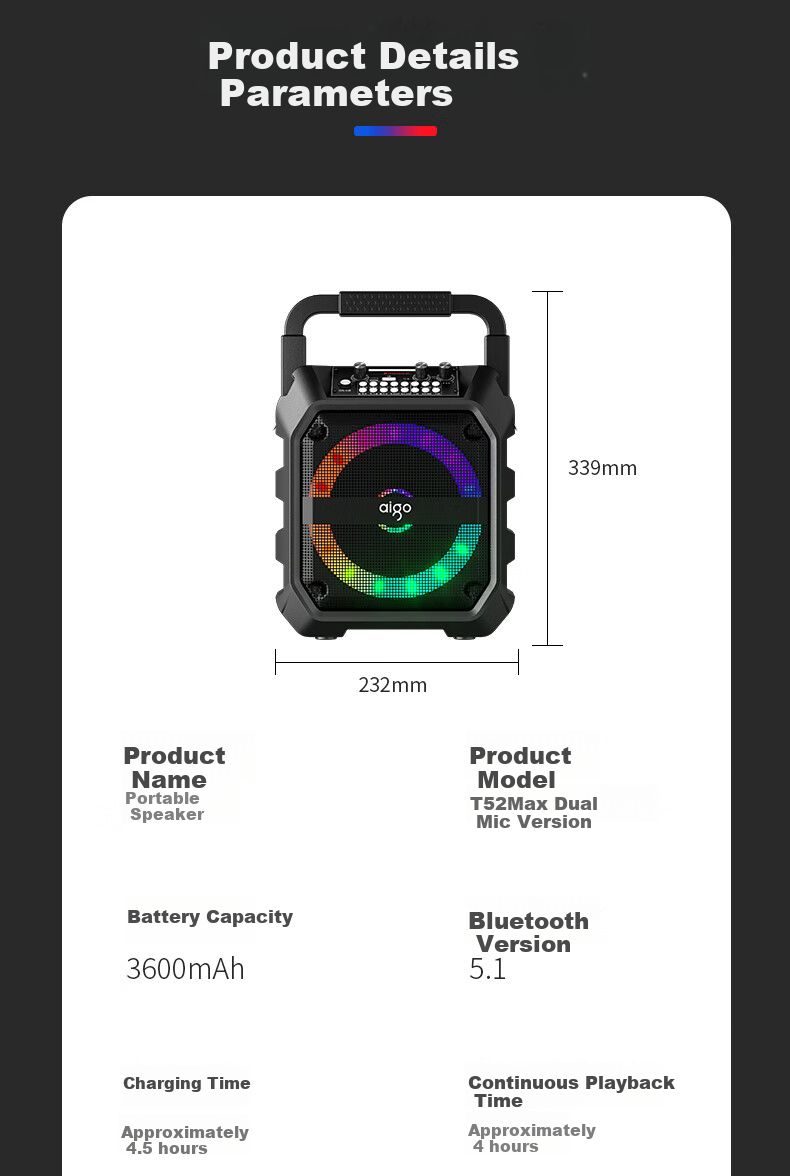 Aiguozhe T52 Max Bluetooth Speaker with High Volume, Portable, Outdoor Karaoke, Square Dance Sound System, Large Loudspeaker, Wireless Payment Speaker with Microphone, Colorful Light Effects, Subwoofer, Dual Microphones 8