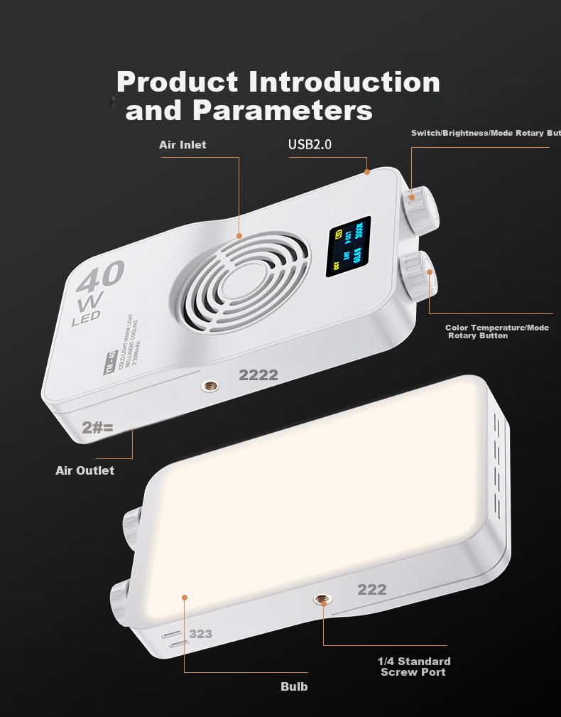 CRENOV 40W Live Streaming Photography Fill Light, Professional Portable Lighting, LED Phone Camera Fill Light, Small Video Light for Indoor And Outdoor Shooting, Constant Light Pocket Light 4