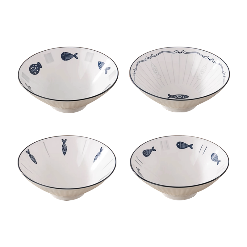 JIWUSENLIN Ceramic Ramen Bowl, Conical Bowl for Home Use, Large Soup Bowl Tableware, Random Floral Pattern, Small Fish Design, 8 Inches, Set of 4